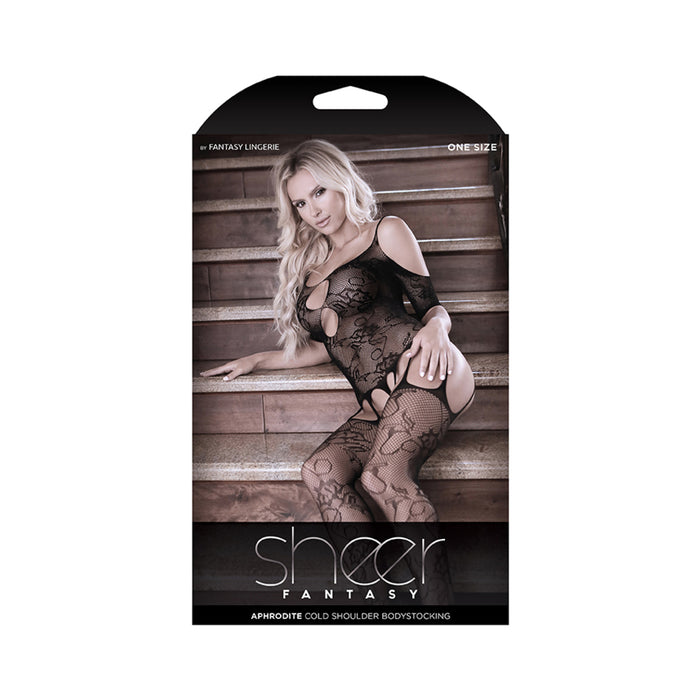 Sheer Aphrodite Floral Net Cold Shoulder Gartered Bodystocking With Cutout Sleeves One Size | cutebutkinky.com