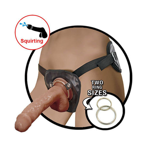 Natural Realskin Squirting Penis With Adjustable Harness 8" - Brown | cutebutkinky.com