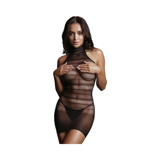 Shots Le Desir High Lace Neck Net Mini Dress Os Black | cutebutkinky.com