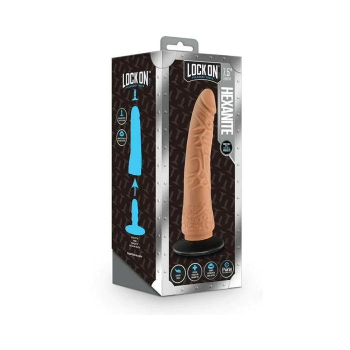 Lock On Hexanite Dildo With Suction Cup Adapter 7.5 In. Mocha