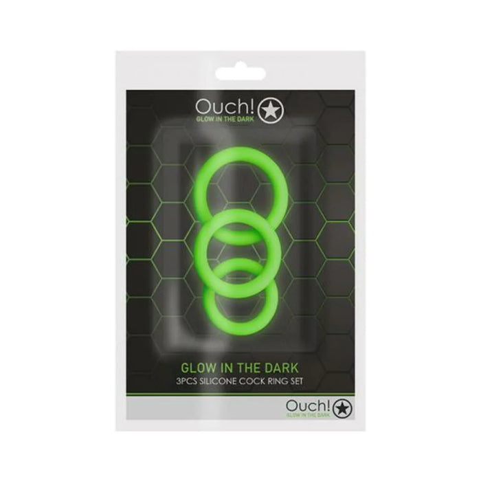 Ouch! Glow 3-piece Cock Ring Set - Glow In The Dark - Green