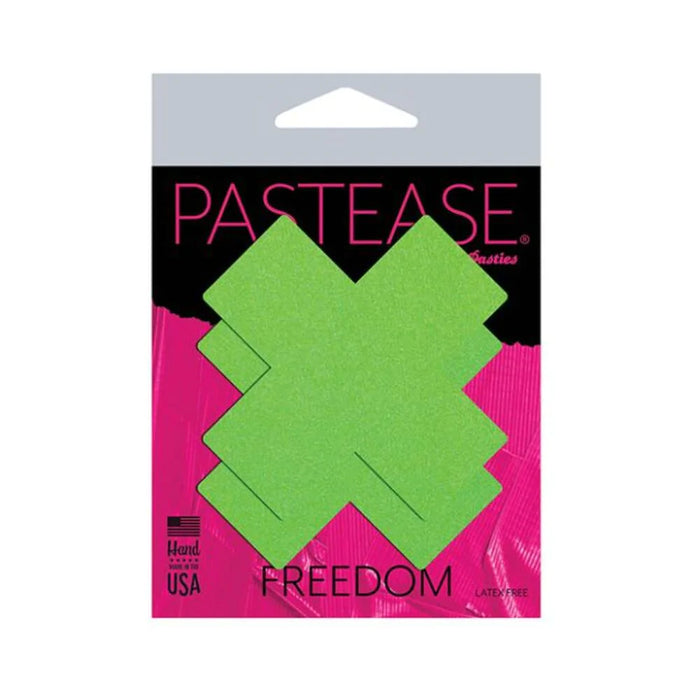 Pastease Plus X: Neon Green Day-glow Lycra Cross Nipple Pasties