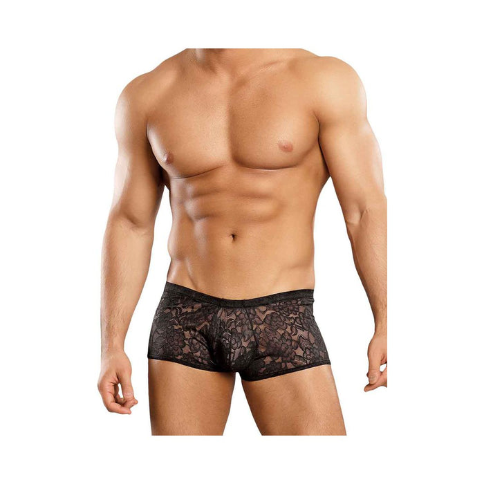 Male Power Stretch Lace Mini Shorts Black XL | cutebutkinky.com