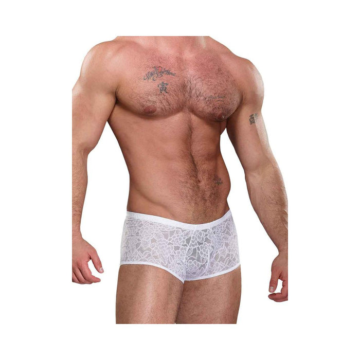 Male Power Stretch Lace Mini Shorts White Medium | cutebutkinky.com